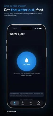 Water Eject home screen with a large round Eject Water button and the instruction to turn the volume up and point the speaker downward
