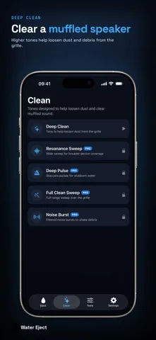 The Clean tab listing Deep Clean, Resonance Sweep, Deep Pulse, Full Clean Sweep and Noise Burst