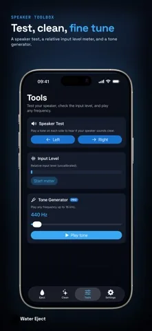 The Tools tab with a left and right speaker test, an input level meter and a tone generator set to 440 Hz